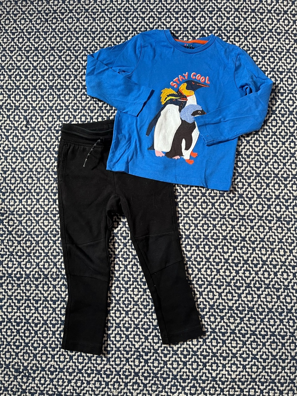 Mini Boden Boys Penguin Appliqué Blue Long Sleeve & Black Tech pants